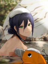 Rule 34 | 1girl, :3, black eyes, blue hair, blush, chainsaw man, closed mouth, commentary request, green eyes, grenade pin, hair between eyes, highres, isobe47, looking at viewer, onsen, outdoors, pochita (chainsaw man), reze (chainsaw man), rock, smile, towel, towel on head, wet, wet hair