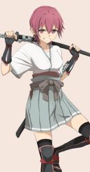 Rule 34 | 10s, 1girl, alternate costume, bad id, bad pixiv id, gloves, grin, highres, japanese clothes, kantai collection, katana, kinu (kancolle), kisetsu, red eyes, red hair, samurai, short hair, simple background, smile, solo, sword, weapon