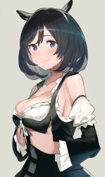 Rule 34 | 1girl, absurdres, animal ears, ashinowoto, bare shoulders, black dress, black hair, black sleeves, blouse, blue eyes, blush, bob cut, breast lift, breasts, breasts squeezed together, cleavage, cleavage cutout, closed mouth, clothing cutout, commentary, detached sleeves, dirndl, dress, eishin flash (umamusume), frilled sleeves, frills, german clothes, grey background, hair between eyes, highres, horse ears, large breasts, looking at viewer, medium hair, official alternate hairstyle, pinafore dress, shirt, simple background, sleeveless, sleeveless dress, smile, solo, swept bangs, umamusume, upper body, wavy hair, wavy mouth, white shirt