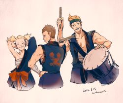 Rule 34 | 1boy, 2girls, aoharuto, arms behind head, artist name, blonde hair, blush, brown hair, dated, decadence (anime), drum, hand on own hip, headband, highres, instrument, mendy (decadence), mindy (decadence), multiple girls, mundy (decadence), music, open mouth, playing instrument, short twintails, siblings, simple background, twintails, uniform, white background