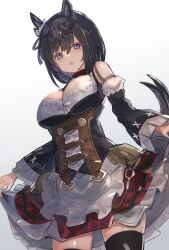 Rule 34 | 1girl, animal ears, bare shoulders, black hair, black thighhighs, blue eyes, breasts, chestnut mouth, cleavage, clothes lift, commentary request, cowboy shot, detached sleeves, dirndl, dress, dress lift, ear ornament, eishin flash (umamusume), frilled dress, frills, german clothes, hair between eyes, highres, horse ears, horse girl, horse tail, large breasts, lifting own clothes, long sleeves, looking at viewer, open mouth, short hair, simple background, solo, tail, the olphy, thighhighs, umamusume, white background
