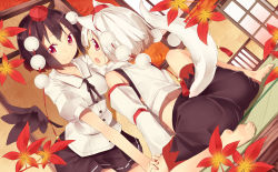 Rule 34 | 2girls, animal ears, ass, barefoot, black hair, blush, detached sleeves, female focus, hat, highres, inubashiri momiji, leaf, looking at viewer, looking back, maple leaf, mikan (bananoha), multiple girls, open mouth, pom pom (clothes), red eyes, shameimaru aya, short hair, sitting, smile, tail, tokin hat, touhou, wariza, white hair, wolf ears, wolf tail