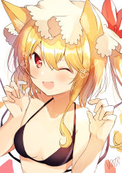Rule 34 | 1girl, ;d, absurdres, animal ear fluff, animal ears, artist name, bare arms, bare shoulders, bikini, black bikini, blonde hair, blush, bow, breasts, cat ears, claw pose, commentary request, crystal, flandre scarlet, hair between eyes, halterneck, hands up, hat, hat bow, highres, kemonomimi mode, medium breasts, mob cap, nenobi (nenorium), one eye closed, one side up, open mouth, paw print, red bow, red eyes, short hair, signature, simple background, smile, solo, swimsuit, touhou, translated, upper body, v-shaped eyebrows, white background, white hat, wings