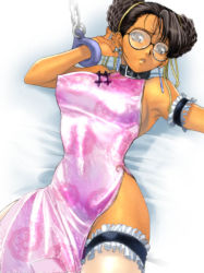 Rule 34 | 1girl, alternate costume, arm garter, armband, bespectacled, braid, braided bun, breasts, capcom, chain, china dress, chinese clothes, chun-li, collar, covered erect nipples, cuffs, dark-skinned female, dark skin, double bun, dress, earrings, frilled thighhighs, frills, glasses, hair bun, homare (fool&#039;s art), jewelry, jpeg artifacts, large breasts, no panties, shackles, side slit, slave, solo, street fighter, thighhighs