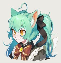 Rule 34 | 1girl, ahoge, animal ears, bow, bowtie, cat ears, cat girl, commentary, english commentary, girl dm, girl dm (magical girl), green hair, grey background, hair between eyes, hair bow, indie virtual youtuber, simple background, smile, solo, twintails, upper body, virtual youtuber, watermark, yellow eyes, zambiie