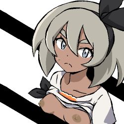 Rule 34 | 1girl, bea (pokemon), black hairband, breasts, closed mouth, clothes lift, collarbone, creatures (company), dark-skinned female, dark skin, female focus, game freak, gomatarou (pixiv196136), grey eyes, grey hair, hair between eyes, hairband, jaggy lines, looking at viewer, lowres, nintendo, nipples, no bra, oekaki, pokemon, pokemon swsh, shirt, shirt lift, short hair, short sleeves, small breasts, solo, split depth, split mouth, sweat, textless version, thick eyebrows, tied shirt, upper body, v-shaped eyebrows, white background, white shirt