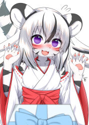 Rule 34 | 1girl, :3, @ @, animal ears, blurry, blurry foreground, blush, box, claws, dated, fangs, flustered, furry, furry female, gift, gift box, high-waist skirt, highres, horokusa (korai), japanese clothes, long hair, miko, multicolored hair, nervous sweating, nose blush, open mouth, original, pawpads, purple eyes, red skirt, simple background, skirt, streaked hair, striped fur, surprised, sweat, tail, tiger ears, tiger girl, tiger tail, white background, white hair