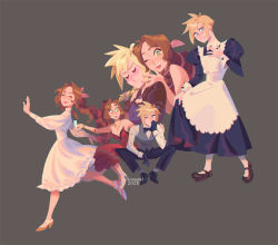 Rule 34 | 1boy, 1girl, aerith gainsborough, alicenpai, alternate costume, apron, arm around shoulder, arms out to sides, artist name, bare shoulders, black bow, black bowtie, black footwear, black pants, blonde hair, blue dress, blue eyes, blush, bow, bowtie, bracelet, braid, breasts, brown footwear, brown hair, cleavage, closed eyes, cloud strife, crossdressing, curly hair, dancing, dress, dress shoes, earrings, final fantasy, final fantasy vii, final fantasy vii remake, flower, full body, green eyes, grey background, grey vest, hair bow, hair flower, hair ornament, hair ribbon, hand on another&#039;s shoulder, hand on own chest, hand to own mouth, high heels, holding glass, jewelry, juliet sleeves, long hair, long sleeves, maid apron, male focus, mary janes, medium breasts, multiple views, necklace, official alternate costume, one eye closed, open mouth, pants, parted bangs, pink ribbon, puffy long sleeves, puffy sleeves, red dress, red flower, red ribbon, ribbon, ringlets, shirt, shoes, short hair, sidelocks, single earring, sitting, smile, spiked hair, square enix, strapless, strapless dress, twin braids, vest, waistcoat, wall market, white dress, white footwear, white shirt
