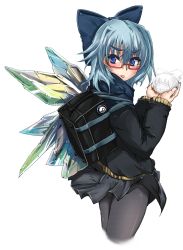 Rule 34 | 1girl, :p, alternate costume, backpack, bad id, bad pixiv id, bag, bespectacled, black pantyhose, blue eyes, blue hair, blush, bow, circled 9, cirno, contemporary, glasses, hair bow, higasiya, highres, ice, ice wings, looking back, matching hair/eyes, pantyhose, red-framed eyewear, short hair, simple background, snowball, solo, tongue, tongue out, touhou, wings, yukkuri shiteitte ne