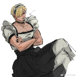 Rule 34 | 1boy, alternate costume, alternate facial hair, annoyed, apron, black dress, blonde hair, crossdressing, curly eyebrows, dress, enmaided, facial hair, frilled apron, frills, goatee stubble, hair over one eye, highres, maid, maid apron, maid headdress, male focus, male maid, mcbuckwheat, mustache stubble, one piece, pectoral cleavage, pectorals, sanji (one piece), short hair, short sleeves, solo, stubble