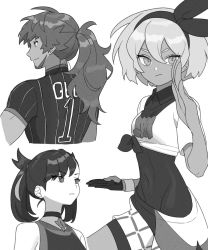 Rule 34 | 1boy, 2girls, alternate hairstyle, asymmetrical bangs, bad id, bad twitter id, bea (pokemon), black bodysuit, black choker, black hairband, bodysuit, bodysuit under clothes, bow hairband, champion uniform, choker, closed mouth, collared shirt, commentary request, covered navel, creatures (company), dark-skinned female, dark-skinned male, dark skin, dynamax band, eyelashes, facial hair, game freak, gloves, greyscale, gym leader, hair between eyes, hair ribbon, hairband, hand up, highres, korean commentary, leon (pokemon), long hair, marnie (pokemon), mono (mono zzz), monochrome, multiple girls, nintendo, partially fingerless gloves, pokemon, pokemon swsh, ponytail, print shirt, print shorts, ribbon, shirt, short hair, short sleeves, shorts, side slit, side slit shorts, single glove, sleeveless, sleeveless shirt, smile