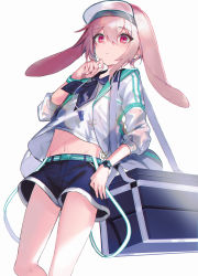 Rule 34 | 1boy, animal ears, ansel (arknights), ansel (casual vacation) (arknights), arknights, blue neckerchief, blue sailor collar, blue shorts, blush, brown hair, closed mouth, commentary request, cooler, feet out of frame, hair between eyes, hand up, hayama eishi, highres, jacket, lop rabbit ears, male focus, midriff, navel, neckerchief, official alternate costume, open clothes, open jacket, rabbit ears, red eyes, sailor collar, see-through, shirt, short shorts, shorts, simple background, solo, visor cap, white background, white shirt