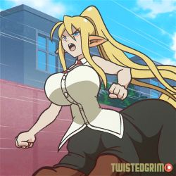 Rule 34 | 10s, 1girl, animal ears, animated, animated gif, ascot, blonde hair, blouse, blue eyes, bouncing breasts, breasts, buttons, centaur, centorea shianus, city, clenched hands, horse ears, huge breasts, long hair, monster girl, monster musume no iru nichijou, necktie, open mouth, outdoors, patreon username, pointy ears, ponytail, red necktie, running, shirt, sleeveless, sleeveless shirt, solo, tail, taur, teeth, twistedgrim, upper body, very long hair, white shirt