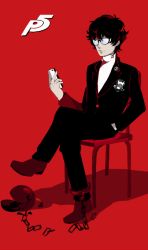 Rule 34 | 10s, 1boy, amamiya ren, ball and chain restraint, black hair, broken, broken chain, cellphone, chain, chair, glasses, male focus, opaque glasses, persona, persona 5, petit, phone, red background, school uniform, sitting, smartphone, solo, turtleneck