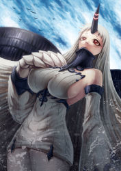 Rule 34 | 10s, 1girl, absurdres, abyssal ship, bare shoulders, breasts, claws, detached sleeves, dutch angle, faux traditional media, from below, gooster, highres, horns, huge breasts, kantai collection, long hair, pale skin, red eyes, ribbed sweater, seaport princess, sideboob, single horn, solo, standing, sweater, white hair
