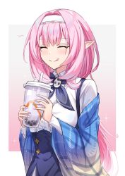 Rule 34 | 1girl, :q, ^ ^, blue jacket, bubble tea, closed eyes, commentary, cup, elysia (honkai impact), hairband, highres, holding, holding cup, honkai (series), honkai impact 3rd, jacket, medium hair, nami (tznami), off shoulder, pink hair, pointy ears, portrait, shirt, smile, solo, suspenders, tongue, tongue out, upper body, white hairband, white shirt