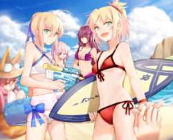 Rule 34 | 5girls, :d, absurdres, ahoge, animal ears, artoria pendragon (all), artoria pendragon (fate), artoria pendragon (swimsuit archer) (fate), artoria pendragon (swimsuit archer) (first ascension) (fate), beach, bikini, blonde hair, blue ribbon, blue sky, breasts, closed mouth, cloud, cloudy sky, criss-cross halter, day, ears through headwear, fang, fate/grand order, fate (series), fox ears, fox tail, green eyes, hair bun, hair ribbon, halterneck, hat, highres, holding, innertube, large breasts, mash kyrielight, mash kyrielight (swimsuit of perpetual summer), medium breasts, mordred (fate), mordred (fate) (all), mordred (fate/apocrypha), mordred (swimsuit rider) (fate), mordred (swimsuit rider) (first ascension) (fate), multiple girls, navel, ocean, official alternate costume, open mouth, outdoors, outstretched hand, pink hair, purple bikini, purple eyes, purple hair, red bikini, red eyes, ribbon, saber (fate), scathach (fate), scathach (fate/grand order), scathach (swimsuit assassin) (fate), shirt, side-tie bikini bottom, sidelocks, single hair bun, sitting, sky, small breasts, smile, standing, sun hat, surfboard, swim ring, swimsuit, tail, tamamo (fate), tamamo no mae (fate/extra), tamamo no mae (swimsuit lancer) (fate), water gun, wet, wet clothes, wet shirt, white bikini, yellow eyes, yorukun