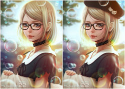 Rule 34 | 1girl, 2015, 2016, artist name, beret, black-framed eyewear, black neckwear, black ribbon, blonde hair, blue eyes, bubble, character name, choker, commentary, comparison, copyright name, day, eyebrows, eyelashes, glasses, hat, lens flare, lips, looking at viewer, magion02, mariko (ms.assistant), ms.assistant, multiple views, nose, original, parted bangs, parted lips, ribbon, short hair, short sleeves, signature, sunlight, upper body
