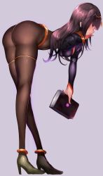 Rule 34 | 1girl, absurdres, ass, bent over, black hair, bodysuit, book, boruhis, breasts, circlet, covered navel, fire emblem, fire emblem awakening, full body, grey background, hand on own chin, high heels, highres, long hair, looking at viewer, medium breasts, nintendo, profile, purple eyes, simple background, skin tight, solo, standing, tharja (fire emblem)
