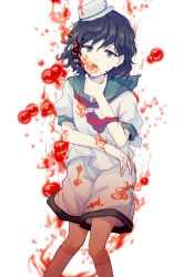 Rule 34 | 1girl, anchor symbol, black hair, blood, commentary request, feet out of frame, grabbing, green eyes, green sailor collar, hair between eyes, hand up, hat, head tilt, highres, kneehighs, looking at viewer, murasa minamitsu, neckerchief, open mouth, puffy short sleeves, puffy sleeves, red neckerchief, sailor collar, sailor hat, sailor shirt, shirt, short hair, short sleeves, shorts, simple background, socks, solo, touhou, uranaishi (miraura), white background, white hat, white shirt, white shorts, white socks