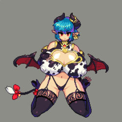 Rule 34 | 1girl, animal print, blue hair, bow, breasts, cleavage, cleavage cutout, clothing cutout, covered erect nipples, cow print, demon girl, demon horns, demon tail, demon wings, ear tag, gigantic breasts, hand on own chest, heart, heart cutout, heels, horns, lace, lace panties, monster girl, nipples, panties, pixel art, pointy ears, red eyes, simple background, sitting, smile, solo, tail, underwear, wings, yumurama