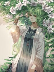 Rule 34 | 1girl, bead bracelet, beads, black dress, bracelet, dress, fish191101756, flower, frills, green hair, green theme, highres, jacket, jewelry, leaf, light smile, lily (flower), long hair, long sleeves, monet (one piece), necklace, one piece, solo, upper body, white jacket, wide sleeves, yellow eyes