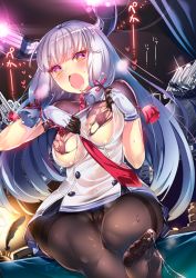 Rule 34 | 10s, 1girl, breasts, breasts out, crotch seam, cum, cum on body, cum on lower body, dress, feet, gloves, gradient eyes, headgear, kantai collection, kuon michiyoshi, large breasts, long hair, multicolored eyes, murakumo (kancolle), murakumo kai ni (kancolle), nipples, no shoes, panties, panties under pantyhose, pantyhose, pink eyes, quill, ribbon, sailor dress, school uniform, shirt, silver hair, soles, solo, thighband pantyhose, toes, torn clothes, torn shirt, underwear