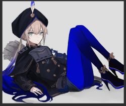 Rule 34 | 1boy, aqua eyes, black border, black hat, black jacket, blue pantyhose, border, captain nemo (fate), closed mouth, fate/grand order, fate (series), feathers, full body, gradient hair, grey background, hat, hat feather, high heels, jacket, light brown hair, long hair, long sleeves, looking at viewer, lying, male focus, multicolored hair, nemo (fate), on back, pantyhose, sherry 0014, simple background, solo, trap, turban, twintails, very long hair