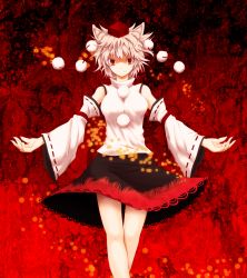 Rule 34 | 1girl, animal ears, bare shoulders, breasts, detached sleeves, hat, highres, inubashiri momiji, large breasts, looking at viewer, mokkei, pom pom (clothes), red eyes, short hair, silver hair, smile, solo, tokin hat, touhou, wolf ears