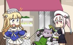 Rule 34 | 3girls, animalization, apron, beret, black gloves, black sailor collar, black serafuku, black skirt, blonde hair, blue eyes, blue hair, blue shirt, breasts, cat, cleavage, commentary request, corn, dated, double bun, fletcher (kancolle), flower, gloves, gradient hair, green apron, hair bun, hair flower, hair ornament, hairband, hamu koutarou, harusame (kancolle), hat, highres, kantai collection, large breasts, long hair, multicolored hair, multiple girls, neckerchief, off shoulder, one-hour drawing challenge, pink hair, pleated skirt, red eyes, ribbon, sailor collar, sailor shirt, school uniform, serafuku, shirt, shop, side ponytail, skirt, standing, star (symbol), star hair ornament, tama (kancolle), thighhighs, white gloves, white legwear, white sailor collar, white skirt, yellow neckerchief