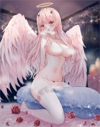 Rule 34 | 1girl, :o, angel, angel wings, arms behind back, bad id, bad pixiv id, blush, bow, bow panties, breasts, collarbone, commentary request, crescent, cross, crotch rub, feathered wings, female masturbation, flower, frills, halo, heavy breathing, highres, large breasts, long hair, masturbation, navel, no shoes, open mouth, original, panties, petals, pillow sex, pink hair, red flower, red rose, rose, rose petals, solo, star (symbol), tandohark, teeth, thighhighs, topless, underwear, underwear only, upper teeth only, very long hair, white panties, white thighhighs, white wings, wings