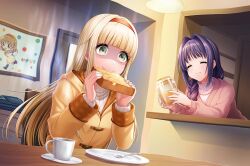 Rule 34 | 2girls, ^ ^, artist request, blonde hair, blunt bangs, blush, braid, braided ponytail, bread, bread slice, cardigan, character print, chibi, chibi inset, closed eyes, closed mouth, coat, commentary, cosplay, crossover, d4dj, eating, eyelashes, food, food in mouth, fukushima noa, hair intakes, hairband, hands up, holding, holding food, holding jar, indoors, jam, jar, kaginado, kanon, long hair, long sleeves, minase akiko, mouth hold, multiple girls, nervous sweating, official art, pink cardigan, red hairband, scared, shaded face, sidelocks, smile, straight hair, sweat, toast, toast in mouth, tsukimiya ayu, tsukimiya ayu (cosplay), upper body, very long hair, wide-eyed, yellow coat