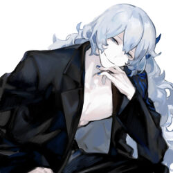 Rule 34 | 1boy, argalia (project moon), black jacket, black pants, blue eyes, blue nails, closed mouth, jacket, library of ruina, long sleeves, looking at viewer, male focus, nishikujic, open clothes, open jacket, pants, project moon, simple background, sitting, smile, solo, white background