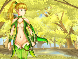 Rule 34 | 10s, 1girl, archer (fate), blonde hair, breasts, dragon nest, dress, elf, fate (series), female focus, forest, green eyes, highres, liya, nature, outdoors, plant, pointy ears, pussy, sky, solo, undressing