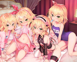 Rule 34 | 10s, :p, arm support, arm warmers, ball, bare shoulders, barefoot, bed, blonde hair, blush, breasts, canopy bed, closed mouth, clothes lift, corset, curly hair, demon tail, demon wings, flat chest, flower, food, four of a kind (touhou), garter belt, garter straps, green eyes, hair between eyes, hair flower, hair ornament, hairband, head wings, heart, idolmaster, idolmaster cinderella girls, idolmaster cinderella girls starlight stage, lifted by self, lolita hairband, long sleeves, looking at viewer, matanonki, mouth hold, name tag, navel, no panties, open mouth, pajamas, panties, pillow, pink theme, popsicle, rose, sakurai momoka, school swimsuit, shirt lift, shoes, unworn shoes, short hair, single shoe, sitting, skirt, skirt lift, small breasts, smile, swimsuit, tail, thighhighs, tongue, tongue out, touhou, underwear, undressing, wariza, white legwear, wings, wrist cuffs, yes-no pillow