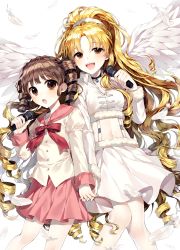 Rule 34 | 2girls, absurdres, blonde hair, blunt bangs, blush, bow, brown eyes, brown hair, buttons, choker, collar, copyright request, curly hair, drill hair, feathered wings, feathers, fur trim, ha youn, hair ornament, hair scrunchie, hand grab, high ponytail, highres, holding, holding microphone, juliet sleeves, long hair, long sleeves, looking at viewer, microphone, midriff, multiple girls, music, navel, open mouth, parted bangs, pink bow, pink skirt, pleated skirt, puffy sleeves, sailor collar, school uniform, scrunchie, serafuku, simple background, singing, skirt, standing, time paradox, twintails, very long hair, white background, white feathers, white skirt, white wings, wings, yellow eyes