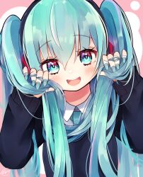 Rule 34 | 1girl, :d, blue eyes, blue hair, blush, collared shirt, commentary, fingernails, hair scarf, hatsune miku, headphones, highres, holding, holding hair, koyubisennti, long fingernails, long hair, long sleeves, looking at viewer, nail polish, necktie, open mouth, power symbol-shaped pupils, shirt, smile, solo, sweater, symbol-shaped pupils, twintails, vocaloid