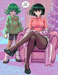 Rule 34 | 2girls, :o, alternate costume, arms at sides, black footwear, black hair, black shorts, breasts, brown pantyhose, chris metzner, christmas, christmas sweater, christmas tree, contrapposto, crossed legs, curly hair, flipped hair, frown, fubuki (one-punch man), green eyes, green hair, green sweater, high heels, highres, large breasts, long sleeves, looking at another, multiple girls, one-punch man, pantyhose, pink sweater, shoes, short hair, shorts, siblings, sisters, speech bubble, sweater, tatsumaki, translation request