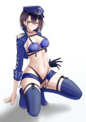 Rule 34 | 1girl, absurdres, ahoge, arm support, azur lane, baltimore (azur lane), baltimore (finish line flagbearer) (azur lane), bikini, bikini bottom pull, black bikini, black choker, black gloves, blue bikini, blue footwear, blue hat, blue jacket, boots, braid, breasts, brown hair, chest harness, choker, cleavage, closed mouth, collarbone, commentary, cropped jacket, french braid, full body, garter straps, gloves, hair between eyes, harness, hat, highleg, highleg bikini, highres, jacket, looking at viewer, medium breasts, micro shorts, mismatched bikini, navel, official alternate costume, open clothes, open jacket, peaked cap, race queen, shadow, short hair, shorts, sidelocks, simple background, single glove, smile, solo, squatting, stomach, suzusu k, swimsuit, thigh boots, thigh strap, underbust, white background, yellow eyes