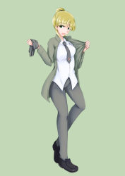 Rule 34 | 1girl, absurdres, black footwear, black necktie, blonde hair, breasts, buttons, gloves, green background, green eyes, grey jacket, heel up, high ponytail, highres, holding, holding clothes, holding gloves, isosceles triangle (xyzxyzxyz), jacket, long hair, looking at viewer, medium breasts, necktie, pantyhose, ponytail, shirt, solo, white shirt, world witches series