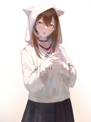 Rule 34 | 1girl, absurdres, animal hood, black choker, brown eyes, brown hair, brown hoodie, brown skirt, choker, crossed bangs, ears through headwear, highres, hololive, hololive english, hood, hood up, hoodie, long hair, long skirt, looking at viewer, multicolored hair, nanashi mumei, nanashi mumei (casual), official alternate costume, open mouth, oversized clothes, own hands together, plaid, plaid skirt, pleated skirt, red shirt, shirt, skirt, sleeves past wrists, streaked hair, sweater, triangle mouth, virtual youtuber, white sweater, wide sleeves, ysuini