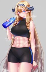 Rule 34 | 1girl, abs, absurdres, alternate costume, arknights, bare shoulders, bike shorts, black shorts, blonde hair, blue eyes, blush, bottle, braid, breasts, cowboy shot, crop top, dragon horns, grey background, grey hairband, hairband, highres, holding, holding bottle, horns, large breasts, long hair, looking at viewer, natu sksp, navel, parted lips, pointy ears, rhodes island logo (arknights), saileach (arknights), shorts, simple background, sleeveless, solo, steaming body, stomach, sweat, twin braids, very long hair, wristband