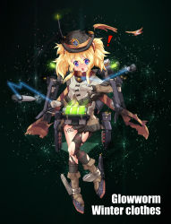 Rule 34 | !, &gt;:o, 1girl, :o, alternate costume, black bow, blonde hair, blue eyes, blush, boots, bow, bowler hat, brown coat, brown footwear, buttons, cannon, capelet, character name, coat, damaged, depth charge, emblem, english text, eyebrows, full body, fur trim, glowing, glowworm (warship girls r), green background, hair between eyes, hat, highres, looking at viewer, machinery, mittens, official art, open mouth, orange ribbon, pantyhose, pocket, propeller, ribbon, scarf, scrunchie, sirills, solo, standing, standing on one leg, steam, striped clothes, striped legwear, striped pantyhose, striped scarf, symbol-shaped pupils, text focus, torn clothes, torpedo, turret, twintails, v-shaped eyebrows, warship girls r