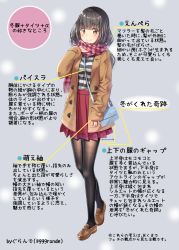 Rule 34 | 1girl, arrow (symbol), ashihara nayumi, bag, black hair, black pantyhose, blush, brown coat, brown eyes, brown footwear, closed mouth, coat, commentary request, duffel coat, fine fabric emphasis, fringe trim, full body, gurande (g-size), hair between eyes, handbag, highres, loafers, long hair, long sleeves, open clothes, open coat, original, pantyhose, plaid, plaid scarf, pleated skirt, red scarf, red skirt, scarf, shirt, shoes, shoulder bag, skirt, sleeves past wrists, smile, solo, standing, striped clothes, striped shirt, translation request, twitter username
