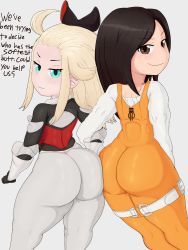 Rule 34 | 2girls, absurdres, aqua eyes, ass, ass-to-ass, ass press, blonde hair, blush, bodysuit, bow, bravely default: flying fairy, bravely default (series), brown eyes, brown hair, come hither, company connection, crossover, edea lee, final fantasy, final fantasy ix, from behind, garnet til alexandros xvii, gloves, hair bow, highres, huge ass, long hair, looking at viewer, looking back, medium hair, multiple girls, naughty face, pantyhose, shiny clothes, skin tight, smile, thick thighs, thighs, trolltoll