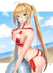 Rule 34 | 1girl, absurdres, ahoge, bad id, bad pixiv id, beach, bikini, blonde hair, blue sky, breasts, cloud, day, earrings, fate/grand order, fate (series), green eyes, halterneck, highres, jewelry, kkrin1013, large breasts, lips, long hair, looking at viewer, nero claudius (fate), nero claudius (fate) (all), nero claudius (swimsuit caster) (fate), ocean, outdoors, side-tie bikini bottom, sky, smile, solo, standing, striped bikini, striped clothes, swimsuit, twintails