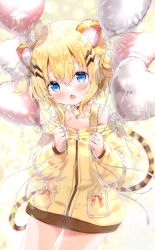 Rule 34 | :o, amedamacon, animal costume, animal ears, animal print, balloon, blonde hair, blue eyes, blush, breasts, fang, haconnect, highres, hood, hoodie, jewelry, kohinata chiko, necklace, short hair, small breasts, tail, tiger costume, tiger ears, tiger print, virtual youtuber