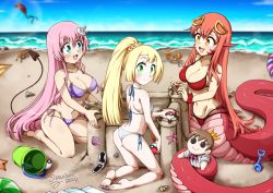 Rule 34 | 3girls, :d, ahoge, ass, bare shoulders, beach, bikini, blonde hair, blue sky, blunt bangs, blurry, blurry background, blush, braid, breasts, bucket, cellphone, character doll, character request, cleavage, collarbone, commentary request, creatures (company), crossover, day, demon tail, fangs, flip phone, french braid, full body, game freak, gen 1 pokemon, green eyes, groin, hair between eyes, hair ornament, hairclip, halterneck, high ponytail, holding, holding poke ball, holding with tail, kite, kneeling, krabby, lala satalin deviluke, lamia, large breasts, lillie (pokemon), long hair, looking at viewer, midriff, miia (monster musume), monster girl, monster musume no iru nichijou, multiple crossover, multiple girls, nail polish, navel, nintendo, ocean, open mouth, outdoors, phone, pink hair, pointy ears, poke ball, poke ball (basic), pokemon, pokemon (creature), pokemon sm, prehensile tail, purple bikini, red bikini, red hair, red nails, red scrunchie, sand castle, sand sculpture, scales, scrunchie, seiza, shell, shovel, side-tie bikini bottom, sidelocks, signature, sitting, sky, slit pupils, small breasts, smile, stalkingp, starfish, string bikini, swimsuit, tail, to love-ru, very long hair, white bikini, wrist scrunchie, yellow eyes