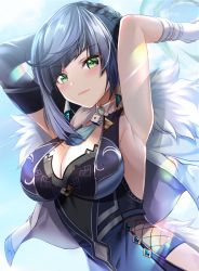 Rule 34 | 1girl, asymmetrical gloves, bad id, bad twitter id, bare shoulders, black hair, blue dress, blue hair, blush, bob cut, breasts, cleavage, cleavage cutout, clothing cutout, diagonal bangs, dice, dress, earrings, fur-trimmed jacket, fur trim, genshin impact, gloves, green eyes, izumi akane, jacket, jacket on shoulders, jewelry, large breasts, long sleeves, looking at viewer, mismatched gloves, mole, mole on breast, multicolored hair, neck ring, pelvic curtain, short hair, tassel, thighs, two-tone hair, white jacket, yelan (genshin impact)