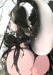 Rule 34 | 2girls, arknights, ass, black panties, check commentary, commentary request, crocodile girl, crocodilian tail, forest, gavial (arknights), gavial the invincible (arknights), goggles, goggles on head, green hair, grey hair, highres, hood, hood up, koyakoya000, multiple girls, nature, outdoors, panties, pointy ears, respirator, sweat, tail, tail raised, thighs, tomimi (arknights), torn clothes, tree, underwear